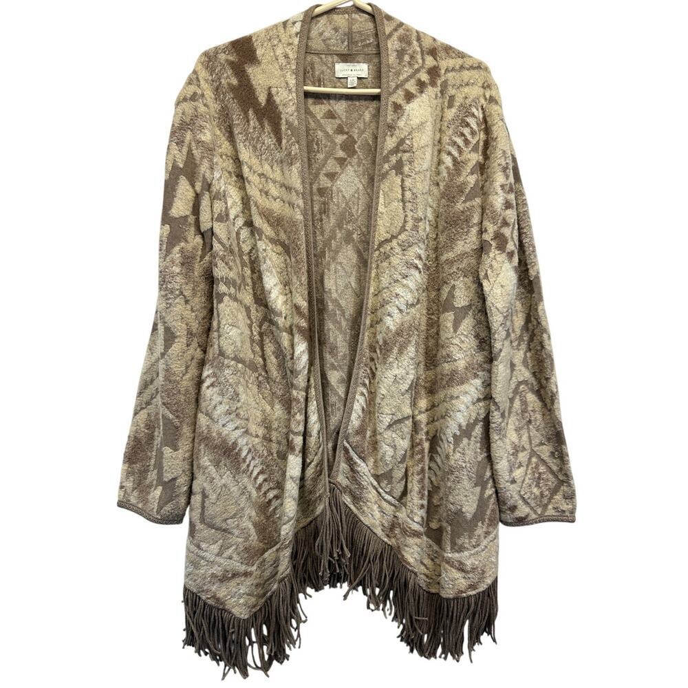Lucky Brand Women's Brown Fringe Bottom Long Sleeve Cardigan Sweater L SOFT! - Picture 1 of 9